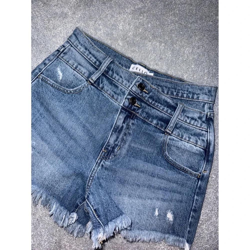 Cello Womens High Waisted Crossover Denim Shorts‎ Medium Wash Distressed Size S